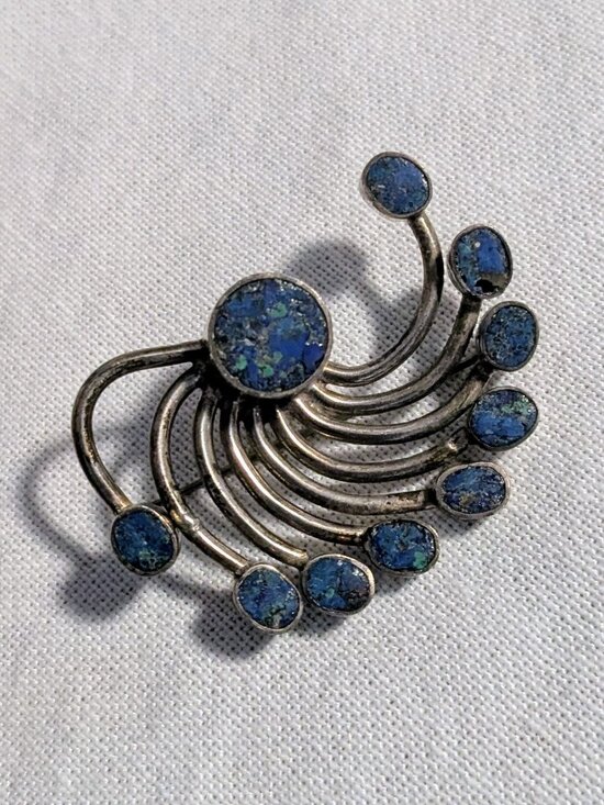Vintage Taxco Sterling Silver Azurite Malachite Sunburst Fan Brooch Pin